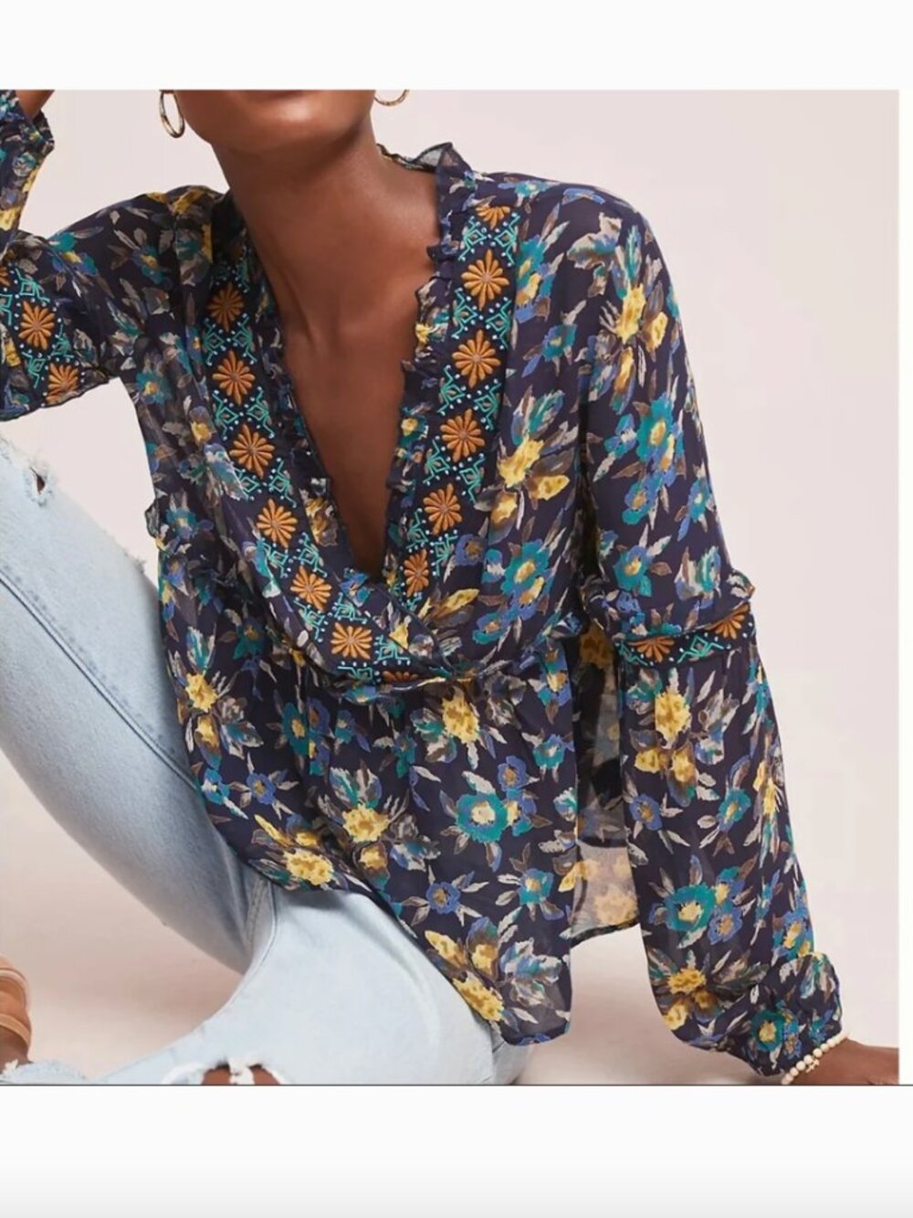 Anthropologie Navy Floral Embroidered V-Neck Blouse